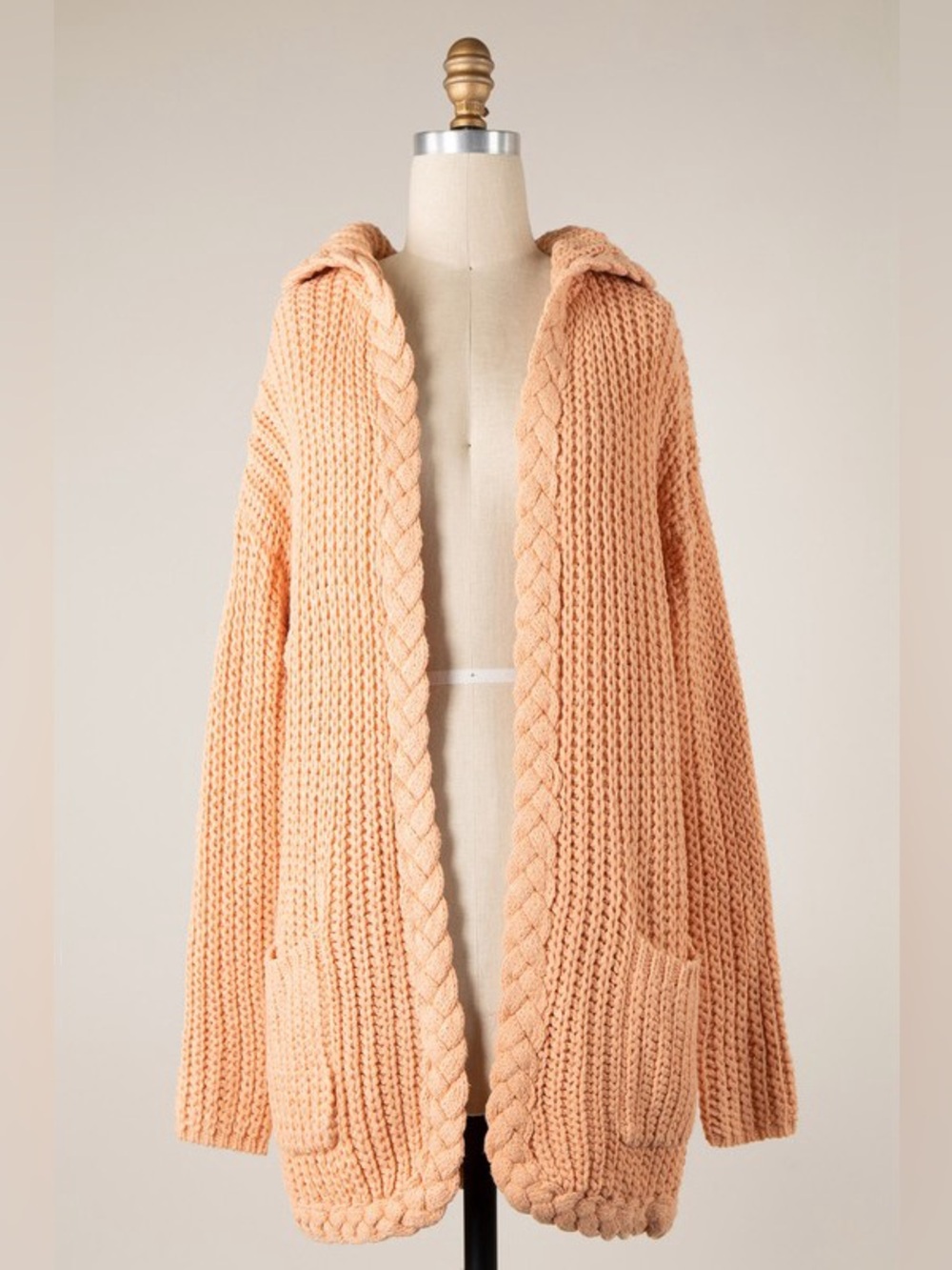 Cable Knit Hooded Cardigan with Braid Trim & Pockets – Peach - Picture 5 of 7
